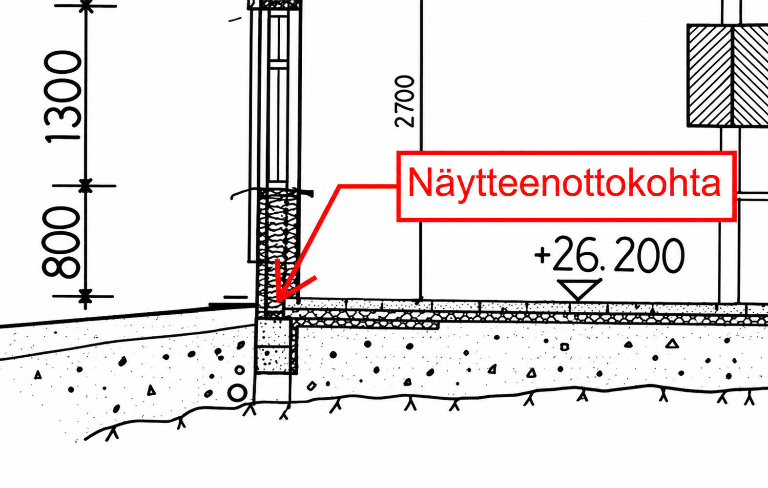 Näytteenottokohdan merkitseminen rakennuksen leikkauspiirustukseen